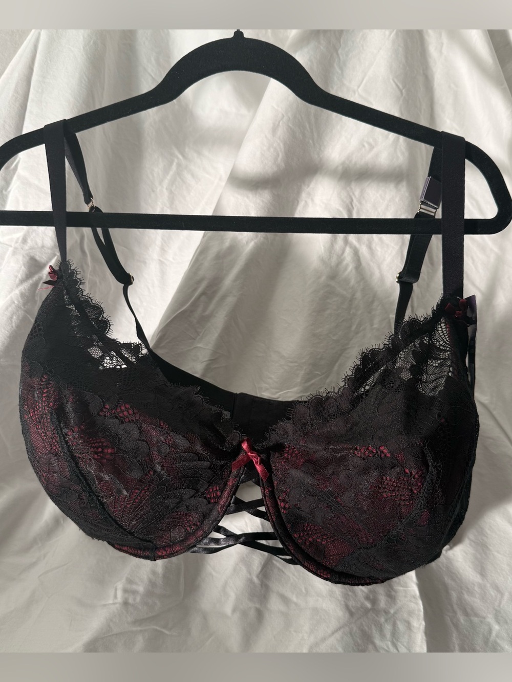 Gorgeous Cacique Black Lace French Balconette Bra with Burgundy Accents